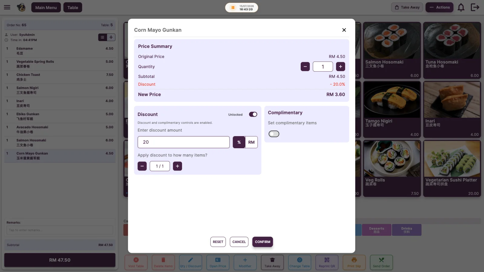 Order screen with a discount panel applying 20% off one item