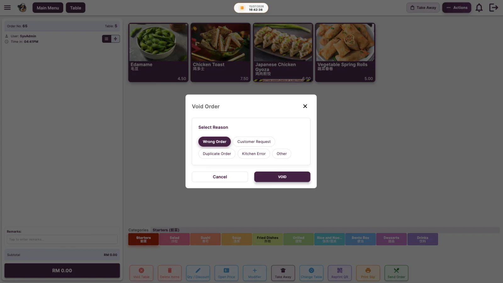 Void order dialog asking staff to choose a reason